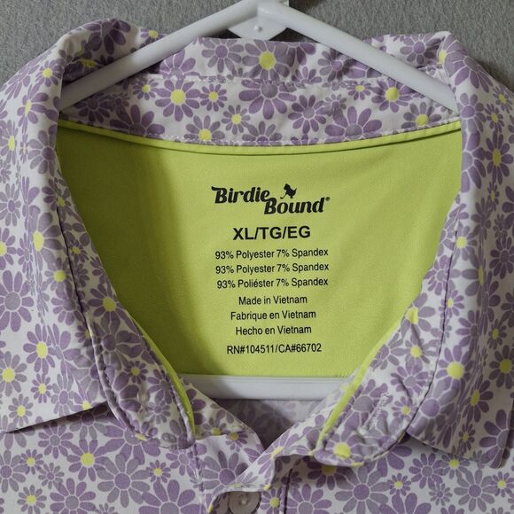 Birdie Bound Polo Men’s Sz XL Purple Yellow Floral Short Sleeve Performance - Picture 4 of 7